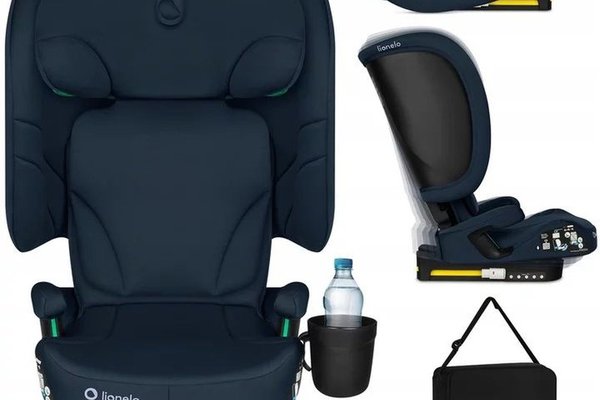 Lionelo Orin i-Size, scaun auto pliabil pentru copii 100-150 cm, tetiera cu 14 pozitii, sezut cu 4 pozitii, ISOFIX si Top Tether, husa de transport, suport de pahar, albastru