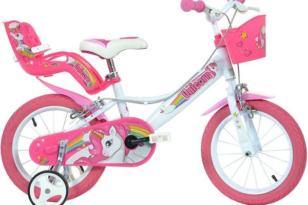 Bicicleta cu pedale, Dino Bikes, Unicorn, Cu roti ajutatoare, Cu cosulet frontal, Cu cosulet pentru papusi, 14 inch, Pana la 115 cm, Pink