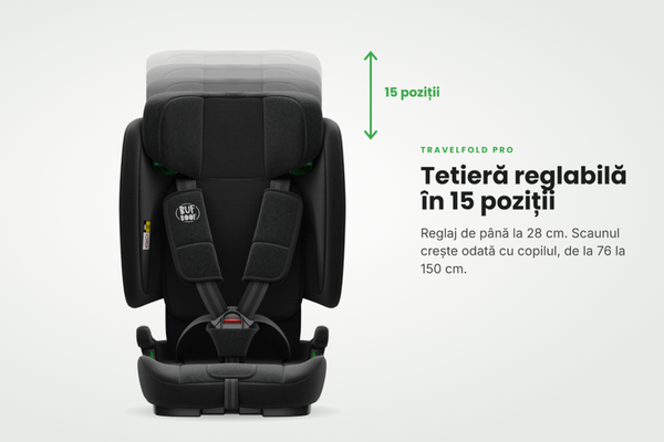 Scaun auto Buf Boof TravelFold Pro i-Size, negru, pliabil, ISOFIX si Top Tether, tetiera cu 15 pozitii, 9-36 kg, 76-150 cm