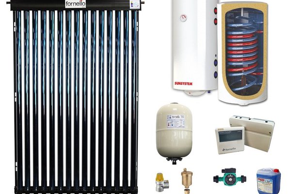Sistem solar presurizat, panou Fornello 15 Tuburi Heat Pipe, Boiler cu 2 serpentine si rezistenta electrica Sunsystem MB NL2 100 litri, pompa 25-60, controller, vas expansiune, antigel, supapa 1/2, aerisitor 1/2