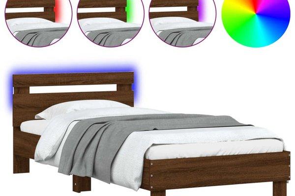 Cadru de pat cu tablie si lumini LED RGB, stejar maro, 90x190 cm