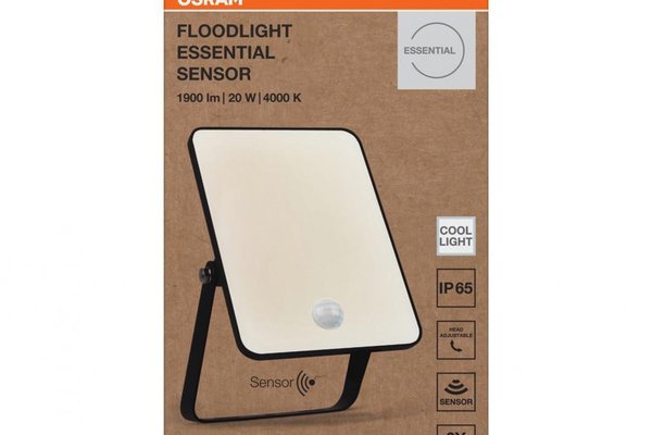 Proiector LED OSRAM FLOODLIGHT ESSENTIAL cu Senzor de Miscare, 20W, 1800 lm, Negru