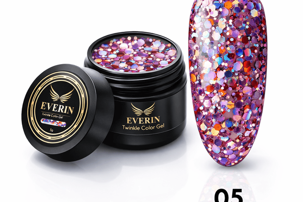 Twinkle Color Gel EVERIN 5ml – 05 | Gel Color Roz-Lila Holografic cu Sclipici Multicolor pentru Manichiură Profesională