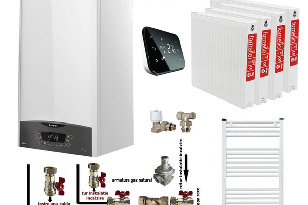 Pachet apartament cu 3 camere, centrala termica murala in condensare Ariston CLAS ONE+ WI-FI 24, Gaz, Termostat Salus IT 500, 24 kW, kit de evacuare inclus, calorifere otel, kit armaturi