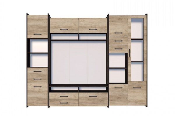 Living MOKKA II, 3 corpuri, corp PAL maro inchis, fronturi PAL stejar, 232x53x200 cm