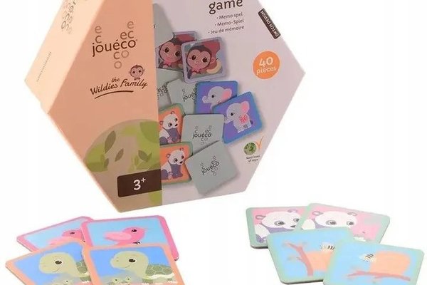 Joc de memorie Joueco cu animale salbatice, 40 de carti din carton, pentru copii de 3 ani si peste