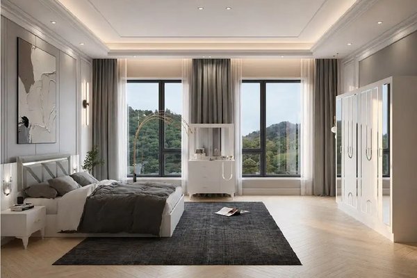 Dormitor Carolina, sifonier, comoda, noptiera, pat cu lada Homs, alb, 220x210x50 cm