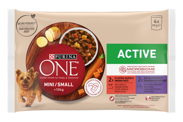 PURINA ONE MINI Active, vita, cartofi, si morcovi/ cu rata, paste si fasole verde, in sos, 4x85 g