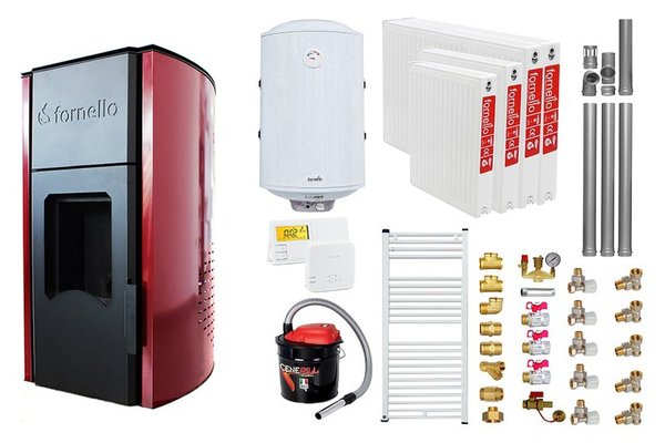 Pachet Termosemineu peleti Fornello Royal Bordeaux 25 kw, complet echipat, pompa circulatie, teava hidronix, vas expansiune, automatizare, kit evacuare 3.5 ml, Boiler Termoelectric Fornello 100 l, Termostat Radio Comanda Salus 091FLRFV2, Aspirator, C