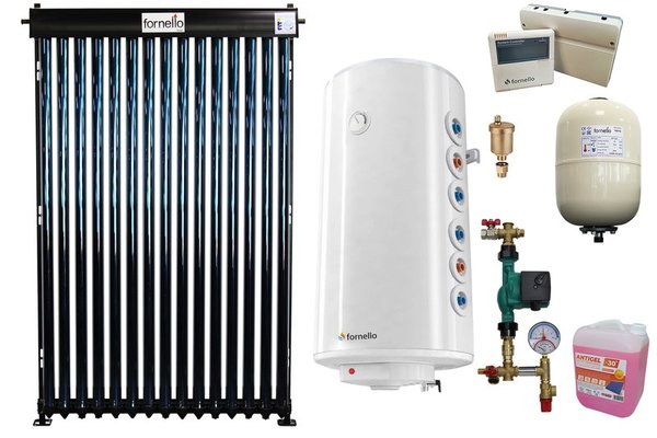 Pachet sistem solar presurizat, panou Fornello 15 Tuburi Heat Pipe, Boiler cu 2 serpentine Fornello Optima GCV7/4S 120, controller, vas expansiune, grup pompare, aerisitor 1/2, antigel