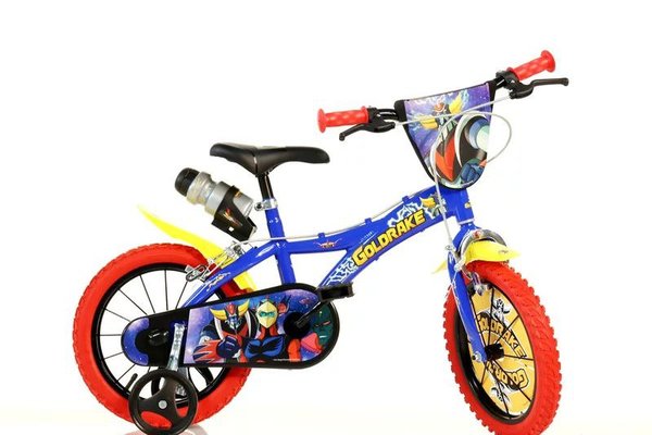 Bicicleta Dino Bikes Goldrake 14 inch pentru copii, cu roti ajutatoare si sticla de apa, multicolor
