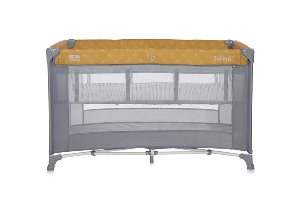 Patut pliant Lorelli Torino Lemon Curry Floral cu 2 nivele, usita cu fermoar si sistem de blocare, inclusa salteluta si geanta de transport