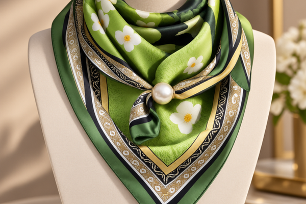 Esarfa patrata din satin cu imprimeu vegetal verde - perla decorativa si sistem de inchidere magnetic
