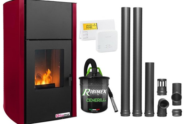 Termosemineu pe peleti Fiama Confort 25 kw Bordeaux - Pachet complet cu Pompa, Termostat Salus, Aspirator Cenusa si Kit evacuare
