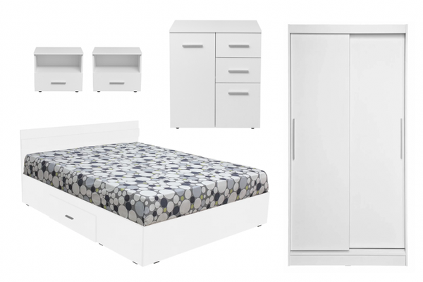 Set dormitor ALMA, 5 piese, pat 160x200 cm, dulap usi glisante, comoda, 2 noptiere, alb