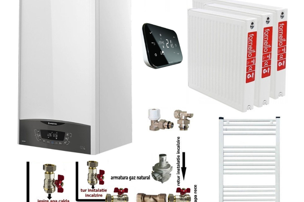Pachet apartament cu 2 camere, centrala termica murala in condensare Ariston CLAS ONE+ WI-FI 24, Gaz, 24 kW, Termostat Salus IT 500, kit de evacuare inclus, calorifere otel, kit armaturi