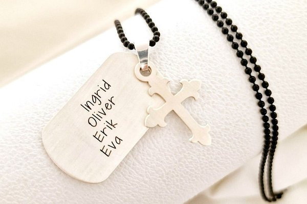 Lant barbatesc - Dog Tag & Cruce - Personalizat nume - Argint 925 matuit