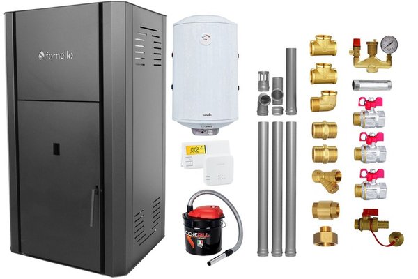 Pachet Centrala peleti Fornello Primo Pellet Black 25 kw, complet echipata pentru incalzire, pompa, vas expansiune, automatizare, kit evacuare 3.5 ml, Boiler Termoelectric Fornello 100 l, Termostat Salus 091FLRFV2, Aspirator si kit montaj