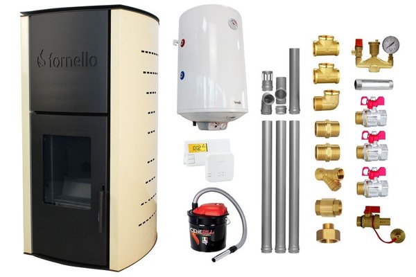 Pachet Termosemineu pe peleti Fornello Michelle 12 kW, echipat cu pompa, vas expansiune, automatizare, Boiler, kit evacuare 3.5 ml, Aspirator Cenusa, Termostat Salus 091FLRFV2 si Fitinguri