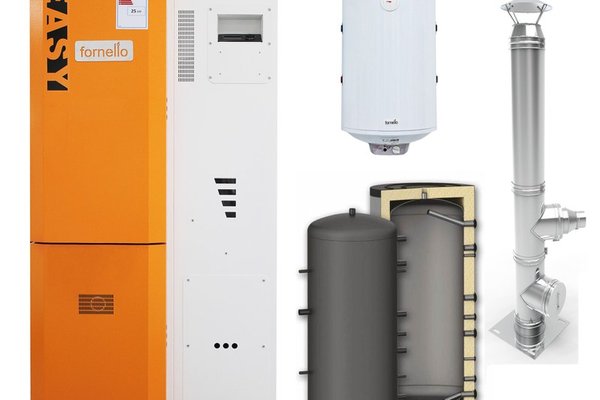 Pachet Centrala pe peleti Fornello Slimpel Easy 25 kw, arzator inox, pompa de circulatie, tiraj fortat 80 mm, pompa electronica Grundfos, sistem curatare mecanica, A+, Puffer P 500l, Cos inox 6 ml 120 mm, Boiler Termoelectric Fornello 100l