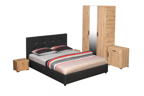 Set dormitor ECONO, 5 piese, pat 160x200 cm, dulap 3 usi, comoda, 2 noptiere, artisan + gri antracit