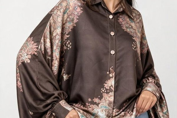 Camasa oversize din satin cu maneci bufante si imprimeu floral bej si maro