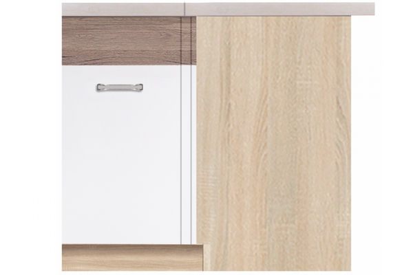 Corp inferior de colt ECO-15D stanga, 1 usa, corp stejar sonoma, fronturi alb lucios + stejar sanremo, 100x70x82 cm