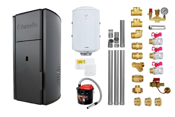 Pachet centrala pe peleti Fornello Royal Black 30 kW cu boiler 100 l, termostat wireless, aspirator de cenusa si kituri incluse