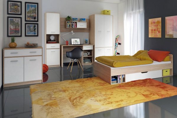 Set dormitor TIPS, 6 piese, pat 90x200 cm, dulap 4 usi, biblioteca, birou, comoda, raft, stejar sonoma + alb