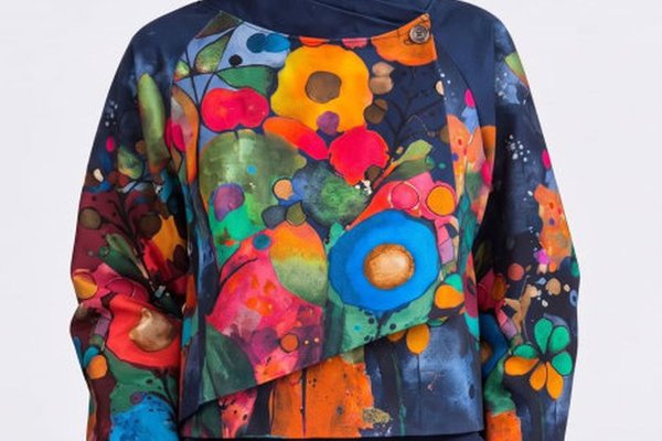 Jacheta scurta bleumarin cu imprimeu floral abstract