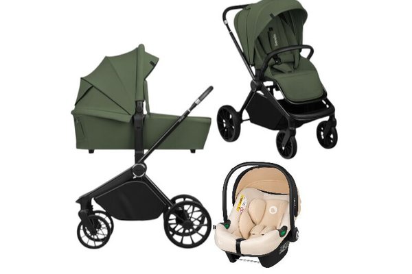Carucior 3 in 1 Lionelo Mika Plus Bej cu Scoica Auto Certificata ADAC, Reversibil si Ventilatie 3D, Pana la 22 kg, Verde