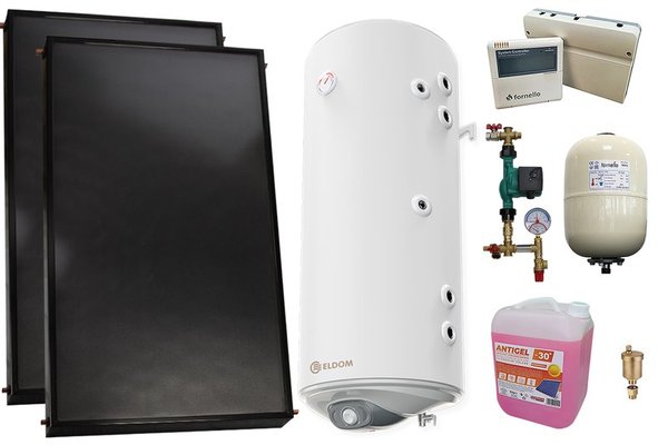 Pachet sistem solar presurizat, 2 x Panou solar plan Fornello 2.0 m² SPFP, Boiler cu 2 serpentine si rezistenta electrica Eldom WV15046S21R 150 l, grup pompare, controller, vas expansiune, antigel, aerisitor