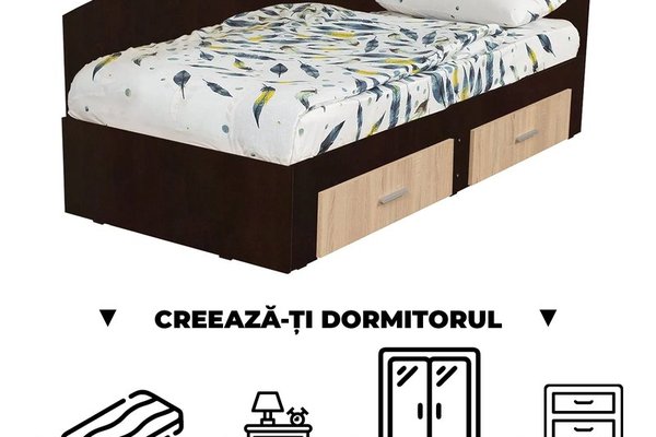 Creeaza-ti Dormitorul ALMA, sonoma inchis + sonoma deschis, de la Pat Colt Alma 90x200 cm, cu 2 sertare laterale pe role, adauga Saltea, Noptiere, Comoda, Dulap