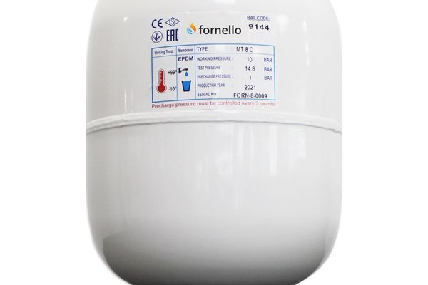 Vas de Expansiune Sanitar Fornello 8L Vertical Alb, Presiune Maxima 10 Bar, Membrana EPDM