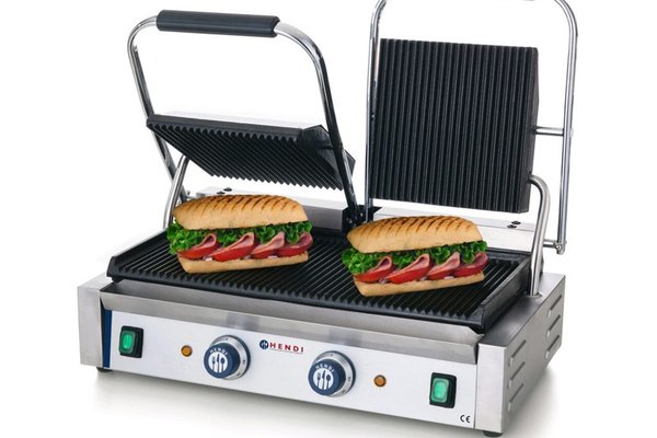 Contact Grill Dublu, 2 Termostate 0-300 gr C, Ambele Suprafete Striate 475x230 mm, Electric, Hendi, Potrivit si Pentru Uz Profesional, 3600W