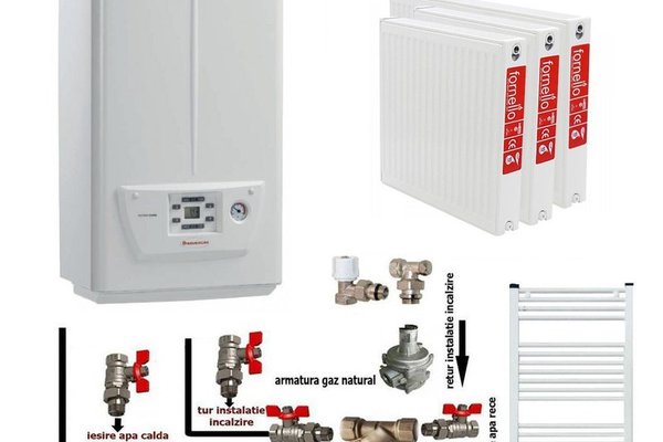 Pachet apartament cu 2 camere, centrala termica pe gaz in condensare IMMERGAS VICTRIX OMNIA 25, kit evacuare inclus, calorifere otel, kit armaturi centrala, robineti calorifere