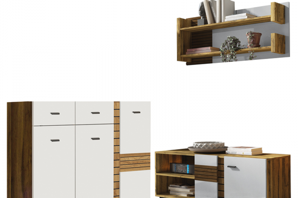 Set Living VAL GARDENA, 3 corpuri, comoda VG12, comoda VG4, etajera, VG9, corp PAL nuc, fronturi MDF late lucios
