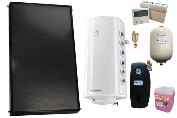 Pachet premium sistem solar presurizat, Panou solar plan Fornello 2.0 m² SPFP, Boiler cu 2 serpentine Fornello Optima GCV7/4S 150 l, grup pompare, controller, vas expansiune, antigel, aerisitor 1/2