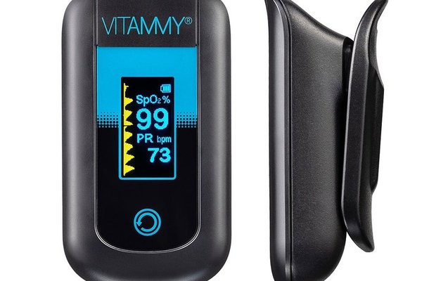 Pulsoximetru Vitammy eSaturino negru masoara saturatia de oxigen din sange si pulsul, algoritm de toleranta la miscare, ecran OLED bicolor, 4 directii de afisare