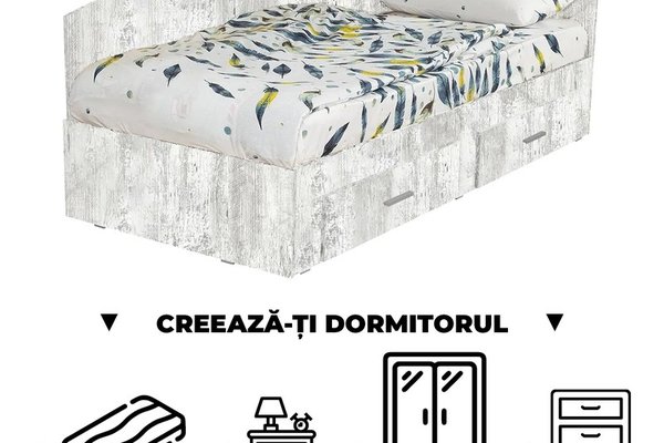 Creeaza-ti Dormitorul ALMA, pin antichizat, de la Pat Colt Alma 120x200 cm, cu 2 sertare laterale pe role, adauga Saltea, Noptiere, Comoda, Dulap