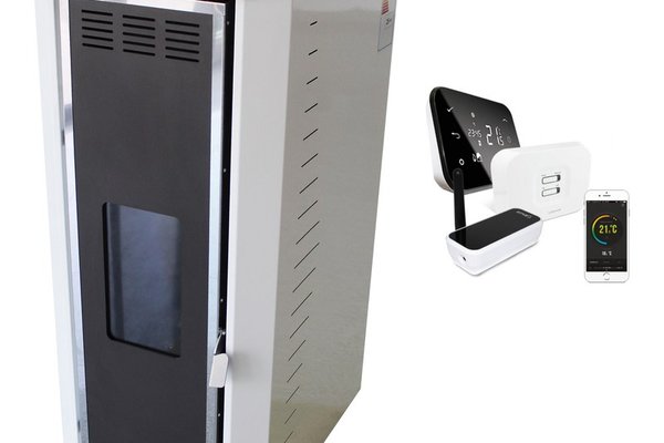 Pachet control de la distanta Termosemineu pe peleti Fornello Camino Rossi 25 kW, pompa Grundfos, vas expansiune, arzator inox si termostat Wi-Fi Salus IT 500