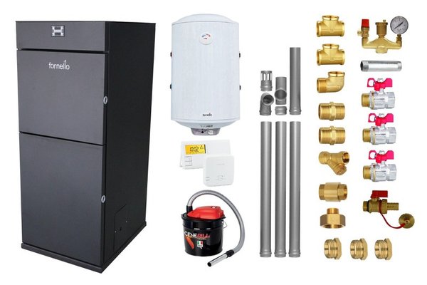 Pachet centrala pe peleti Fornello Pellet King 30 kW cu boiler 100 l, termostat SALUS, aspirator si kit montaj