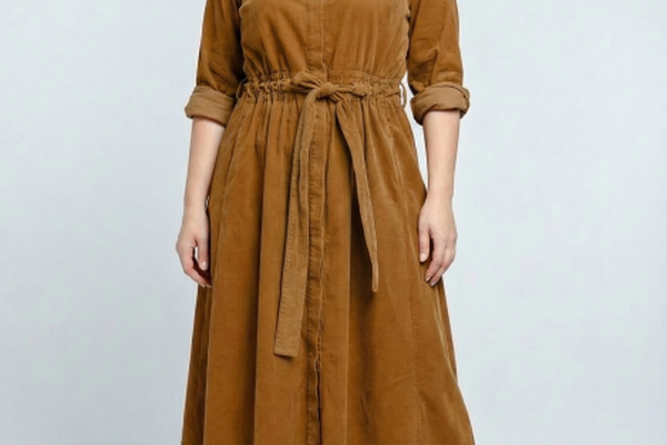 Rochie camasa din catifea reiata cu cordon in talie, camel