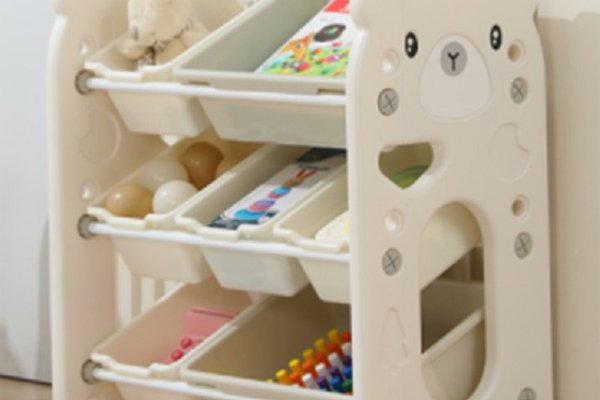 Organizator pentru copii Nichiduta Garden Blue Bear, cu rafturi deschise, pe 3 nivele, include 5 cutii mici si 2 cutii mari, dimensiune 66 x 33 x 66 cm