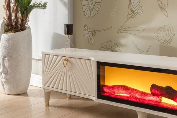 Comoda TV Calvin cu semineu decorativ si LED, bej, 160 cm