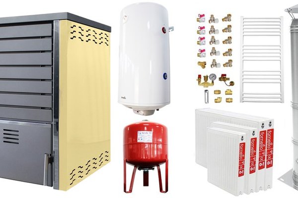 Pachet incalzire si apa calda 3 camere Centrala pe lemne FORNELLO SAUNA CREAM 30 kw echipata cu pompa de circulare, cos inox, boiler termoelectric 100l, vas expansiune, kit montaj si calorifere