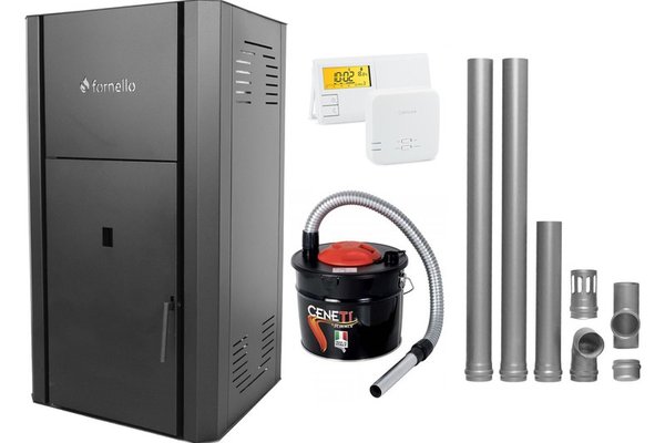 Pachet Centrala peleti Fornello Primo Pellet Black 30 kw, complet echipata cu pompa, vas expansiune, automatizare, culoare negru, kit evacuare 2.5 ml, Termostat Salus 091FLRFV2, Aspirator Cenusa