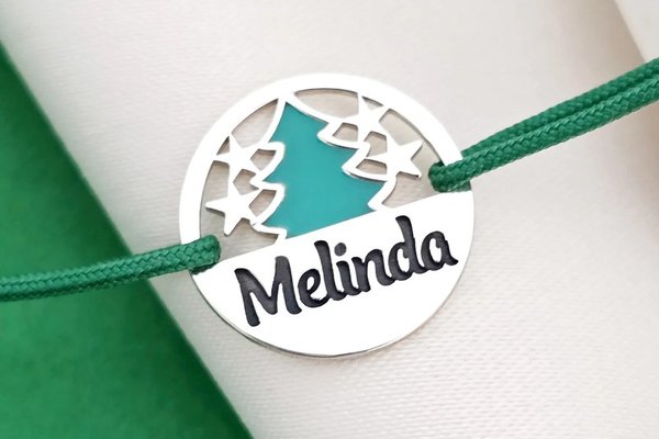 Bratara festiva - Disc cu bradulet colorat si nume personalizat - Argint 925 - Snur reglabil