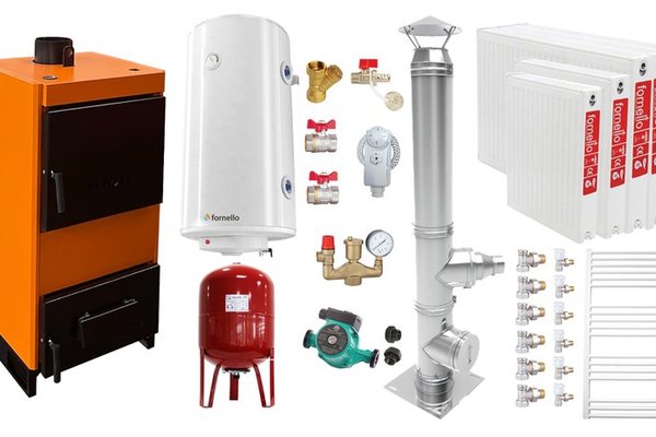 Pachet Cazan (centrala) pe combustibil solid, (lemn, carbune), Fiama W, 35 kW, Cos inox, Radiatoare Otel, Boiler Termoelectric, Vas Expansune, Pompa si Fitinguri Montaj
