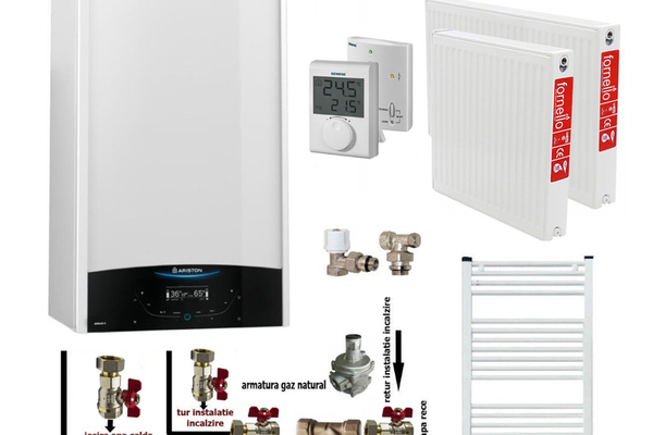 Pachet apartament cu o camera, centrala termica murala in condensare Ariston Genus One+ 24, Gaz, 24 kW, kit de evacuare inclus, termostat, calorifere otel, kit armaturi centrala, robineti calorifere